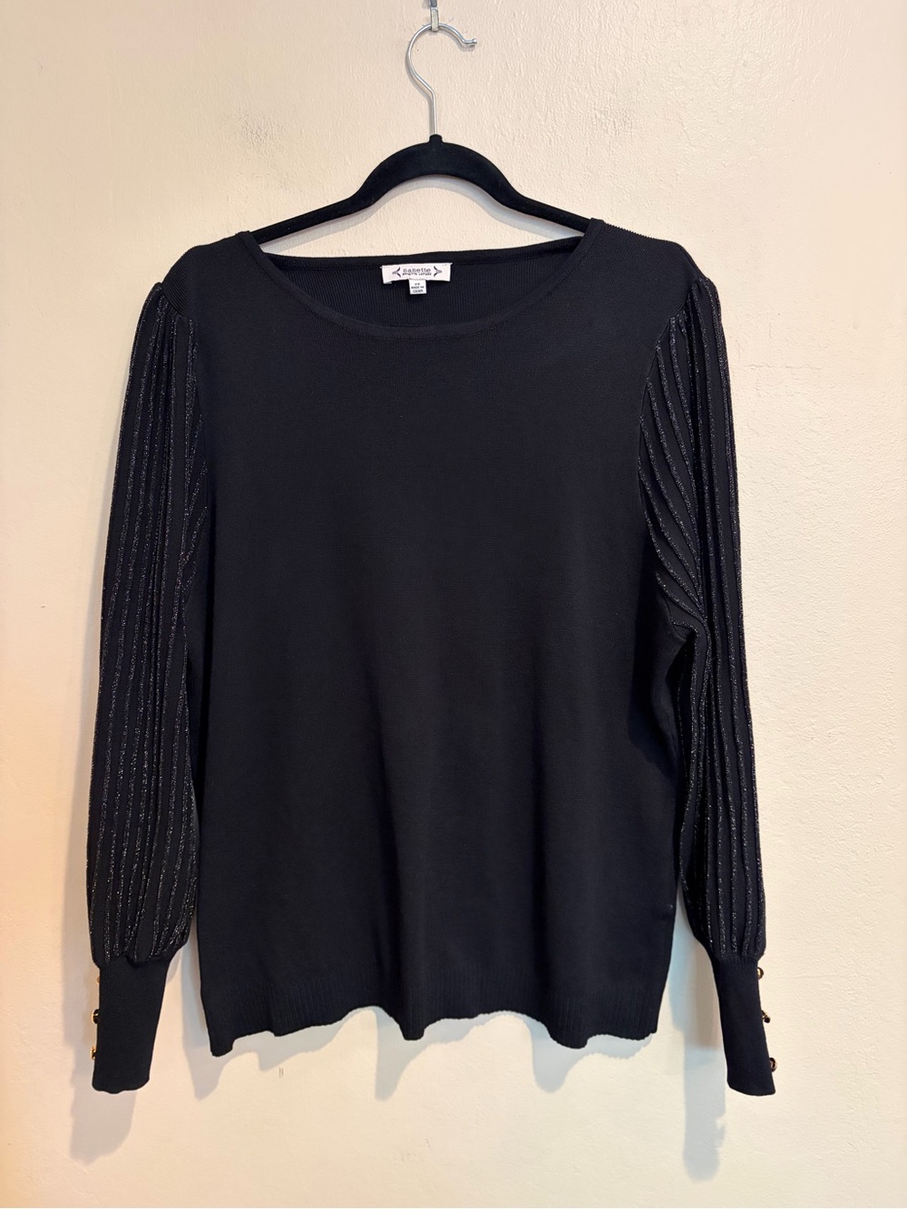 Nanette Lepore Soft Black Sweater w/Metallic-Trim Pleated Long Sleeves, size 2X